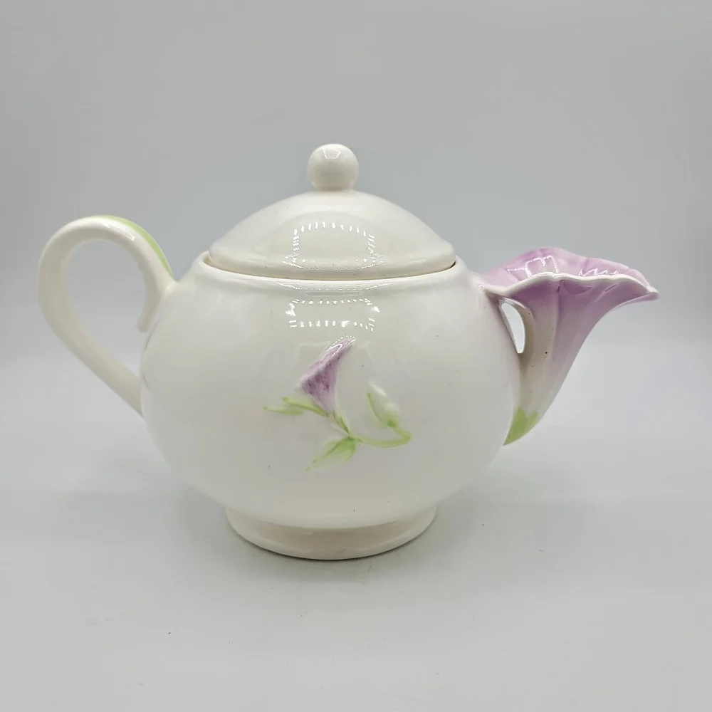 Teleflora Morning Glory Ceramic Teapot Pink Purple Floral Collectible 80s Vtg